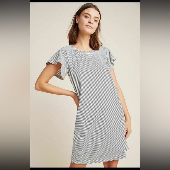 ANTHROPOLOGIE T.LA WOMEN'S WHITE BLACK FLUTTER SLEEVE STRIPED TEE DRESS size M - Picture 1 of 7